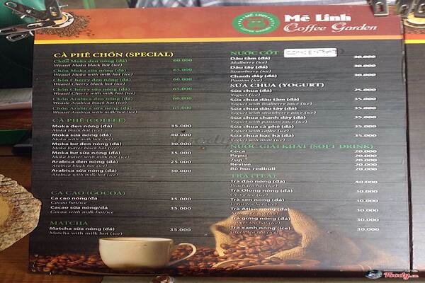 Menu đồ uống tại Mê Linh Coffee Garden Đà Lạt