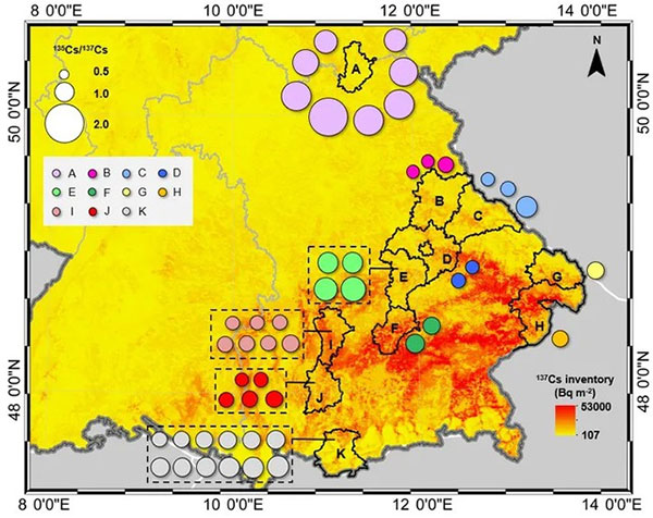 Tỷ lệ Caesium-137 và Caesium-135 ở lợn rừng từ các khu vực khác nhau của Bavaria.