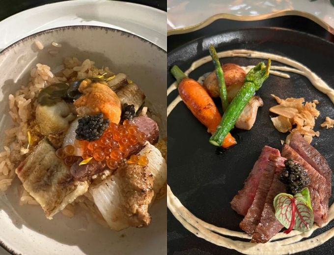 Món cơm tổng hợp gồm trứng cầu gai, bào ngư hấp, vây cá bơn, cá mặt quỷ, trứng cá hồi, lươn Nhật nướng, sò điệp. Phương pháp chế biến món này sử dụng donabe, chiếc nồi đất sét - một dụng cụ nấu ăn lâu đời mà bất kỳ gia đình Nhật Bản nào cũng có. Món tráng miệng là dưa lưới Nhật.