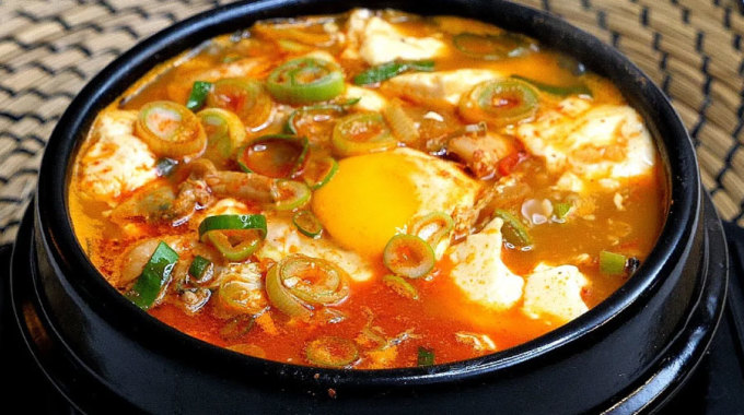 Sundubu JjigaeĐây là món canh đậu hũ non, thường xuất hiện trong bữa ăn của người dân địa phương. Canh gồm đậu hũ non, nấu cùng ớt thái nhỏ, trứng, kim chi, tương ớt Hàn Quốc, hành tây. Ngoài ra, thực khách còn có thể tìm thấy trong món ăn này những con cá cơm nhỏ, được cho vào ngọt nước và tăng độ thơm ngon cho món ăn.